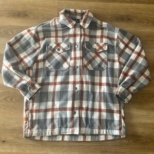 HFX Plaid Flannel Shirt Jacket Shacket XS | Gray Cream Rust | Snap Button